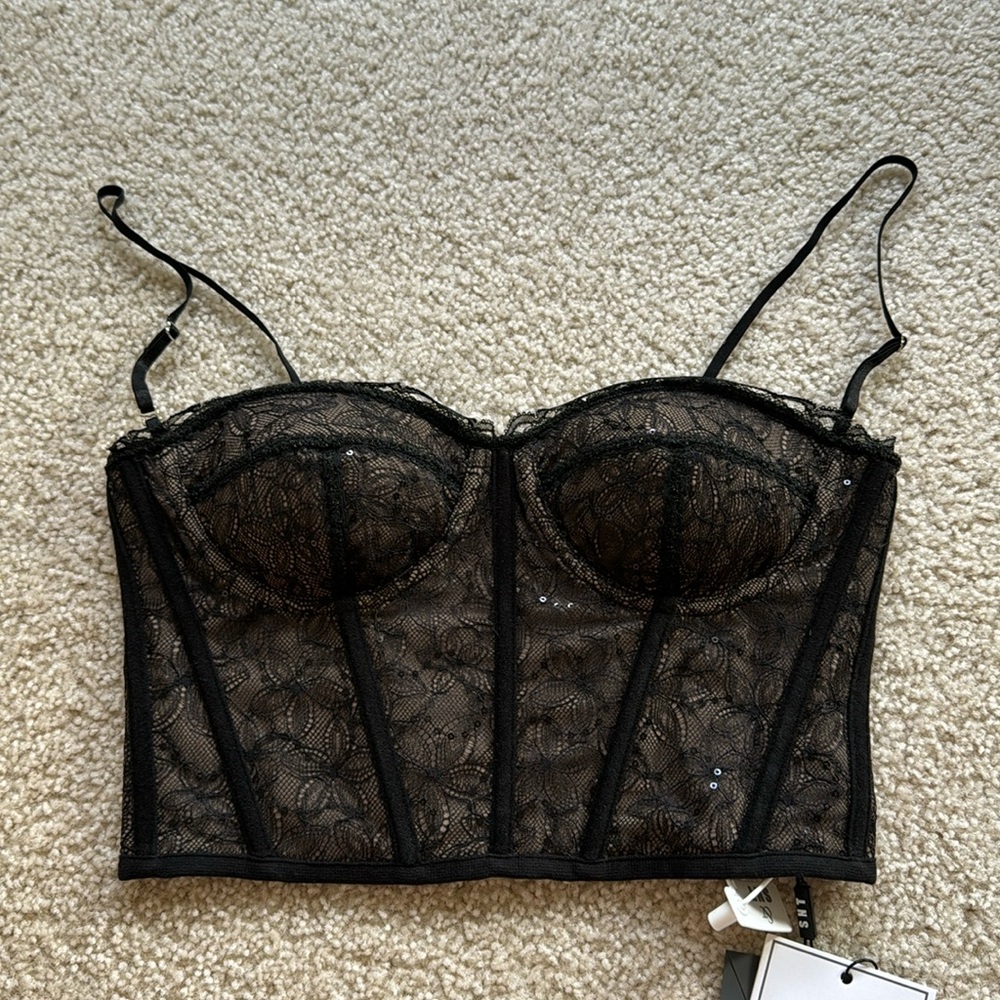 SOLD - Black Lace Bustier, Corsets & Suspenders Top